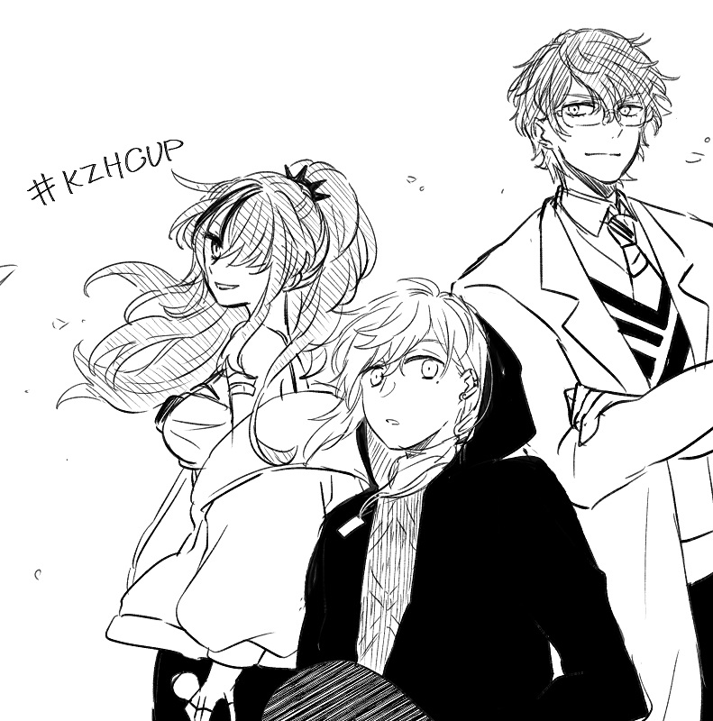 1girl, 2boys, bare_shoulders, breasts, closed_mouth, collared_shirt, crossed_arms, ear_piercing