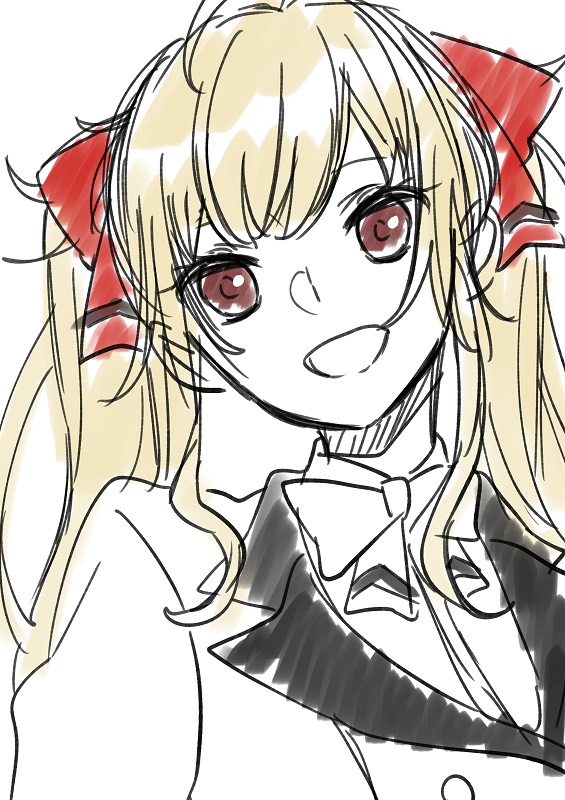 1girl, blonde_hair, bow, brown_eyes, collared_shirt, dress_shirt, eyebrows_hidden_by_hair, hair_bow