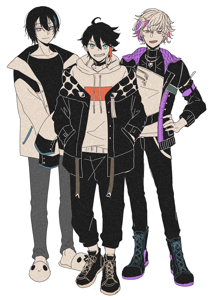 3boys, :d, black_footwear, black_hair, black_jacket, black_pants, black_shirt, blue_eyes