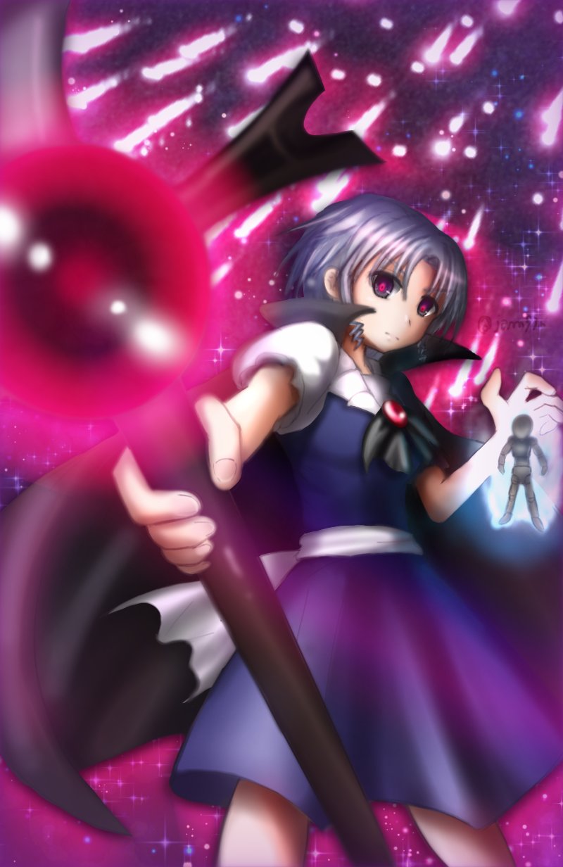 1girl, black_cape, blue_dress, cape, collar, cross, doll, dress