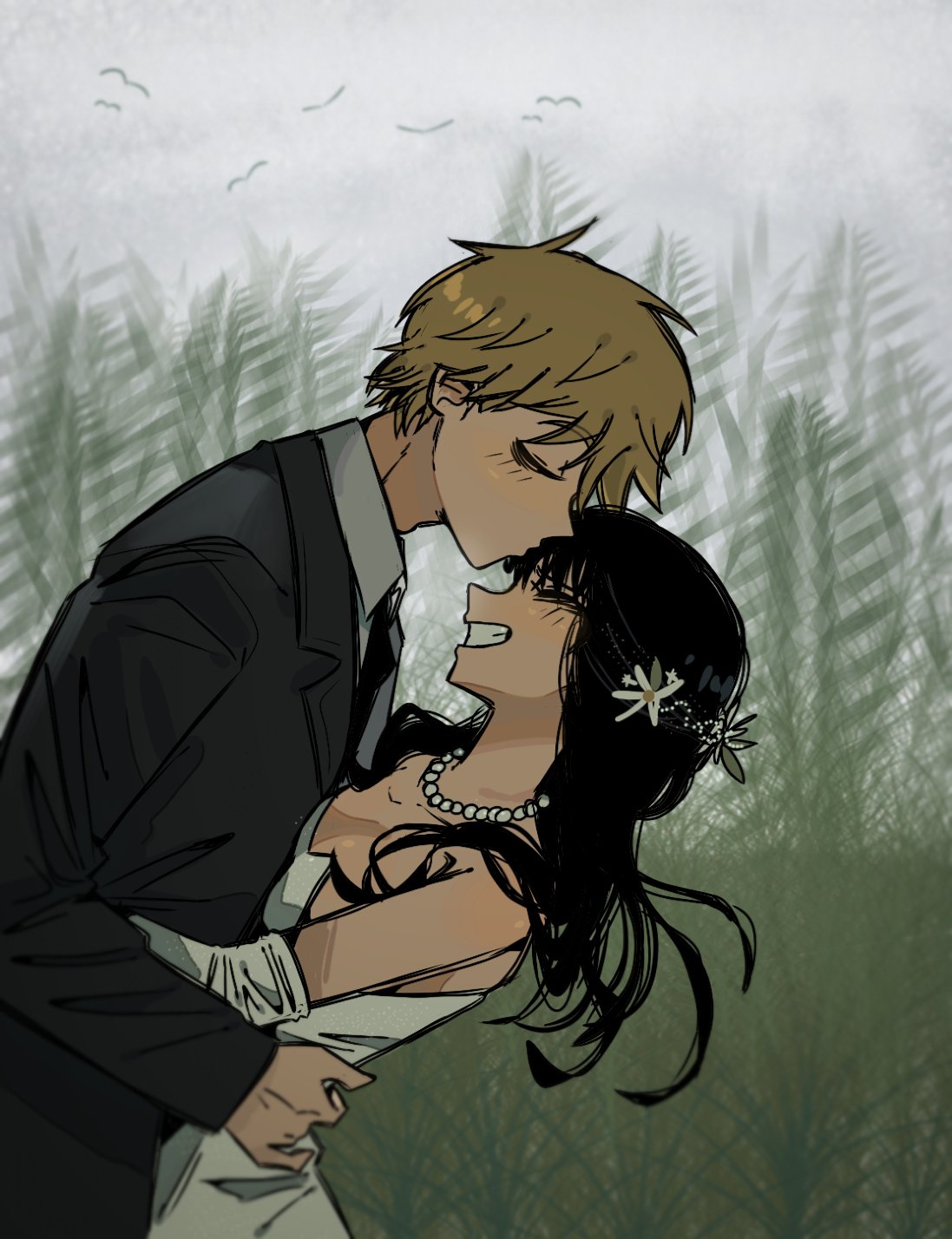 1boy, 1girl, 31ulkubo, black_hair, blonde_hair, blush, chainsaw_man, closed_eyes, denji_(chainsaw_man), dress, flower, highres, husband_and_wife, kiss, kissing_forehead, long_hair, mitaka_asa, short_hair, sleeveless, smile, suit, wedding_dress