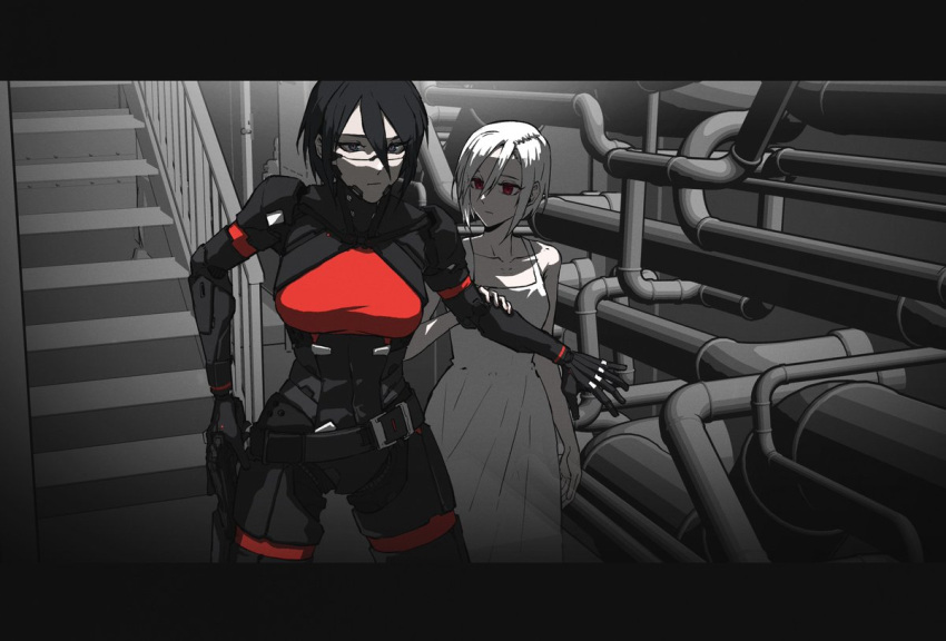 2girls, android, ariane_yeong, belt, black_hair, blue_eyes, cyberpunk, dress, elster_(signalis), getsome, joints, mechanical_parts, multiple_girls, red_eyes, robot_girl, robot_joints, short_hair, signalis, weapon