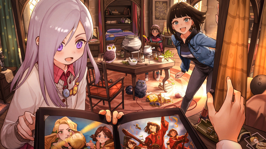 3girls, :d, absurdres, animal, ball, bed_sheet, bedroom, beret, bird, black_hair, black_hoodie, blue_eyes, blue_jacket, blue_socks, blush, book, bookshelf, bottle, box, breasts, brown_hair, cardigan, carpet, cassandra_vole, cat, cauldron, chest_of_drawers, clipboard, closed_mouth, cube, curtains, day, doormat, drawstring, floating_hair, frog, golden_snitch, grey_hair, grey_pants, gryffindor, hands_up, harry_potter:_magic_awakened, harry_potter_(series), hat, herb, highres, hogwarts_school_uniform, holding, holding_quill, hood, hood_down, hoodie, indoors, ivy_warrington, jacket, jar, jewelry, kevin_farrell, leaf, leaning_forward, long_hair, long_sleeves, looking_down, lottie_turner, medicine, mortar_(bowl), mouse, multiple_girls, nose_blush, on_bed, open_mouth, out_of_frame, overalls, owl, pants, parted_bangs, pendant, pestle, photo_(object), photo_album, pink_headwear, pov, pov_hands, quidditch, quill, red_shirt, robyn_thistlethwaite, school_uniform, shirt, short_hair, sitting, siya_ho, slytherin, smile, snack, socks, sportswear, standing, stove, strap_slip, sunlight, table, violet_eyes, white_cardigan, wizarding_world, wooden_floor, wooden_table, yarn, yarn_ball