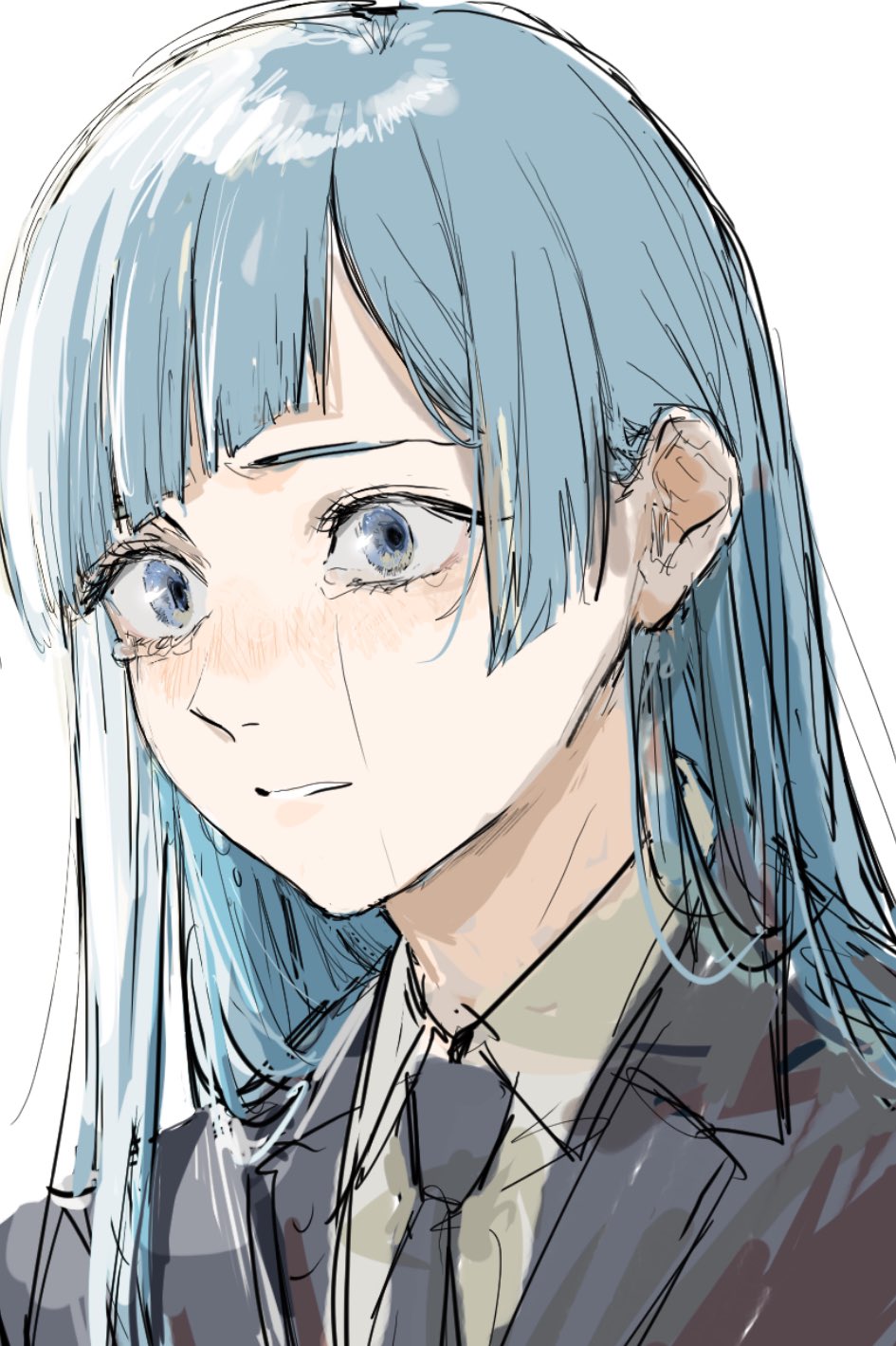 1girl, angst, black_jacket, black_necktie, blue_eyes, blue_hair, collared_shirt, crying, crying_with_eyes_open, highres, jacket, jujutsu_kaisen, long_hair, merigeshi, miwa_kasumi, necktie, shirt, simple_background, solo, streaming_tears, tears, upper_body, white_background, white_shirt