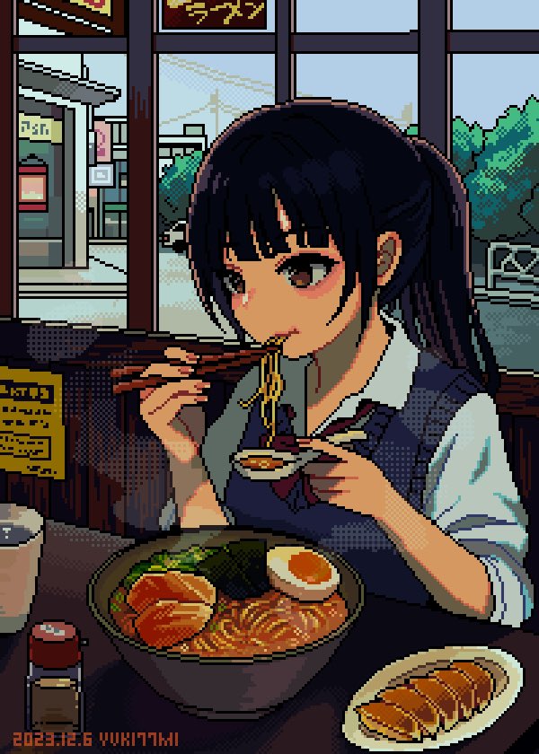 1girl, car, dated, eating, egg_(food), food, motor_vehicle, nanami_yuki_(yuki77mi)