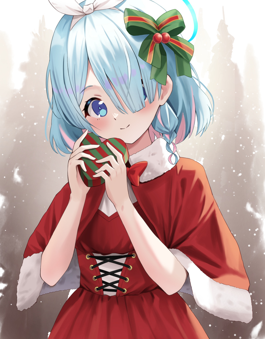 1girl, absurdres, arona_(blue_archive), blue_archive, blue_eyes, blue_hair, blue_halo, blush, box, braid, capelet, closed_mouth, colored_inner_hair, gift, gift_box, hair_over_one_eye, halo, heart-shaped_box, highres, holding, holding_gift, looking_at_viewer, multicolored_hair, naze236, pink_hair, red_capelet, santa_costume, short_hair, single_braid, smile, solo, upper_body