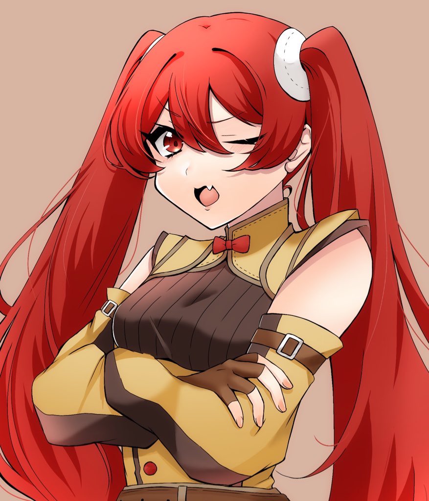 1girl, ;d, brown_gloves, crossed_arms, detached_sleeves, fang, fingerless_gloves, fire_emblem