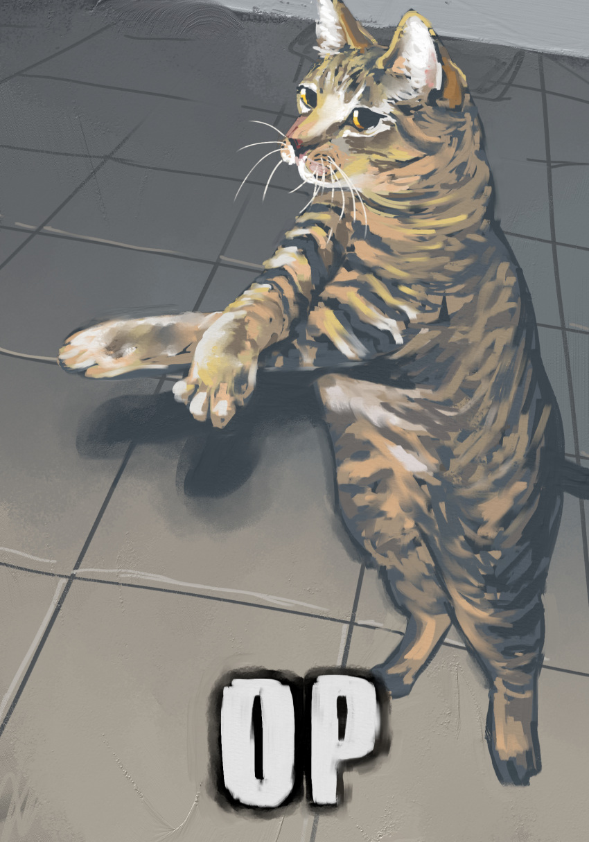 animal, animal_focus, cat, english_commentary, gangnam_style, gooseygang, grey_cat, highres, no_humans, original, tabby_cat, whiskers
