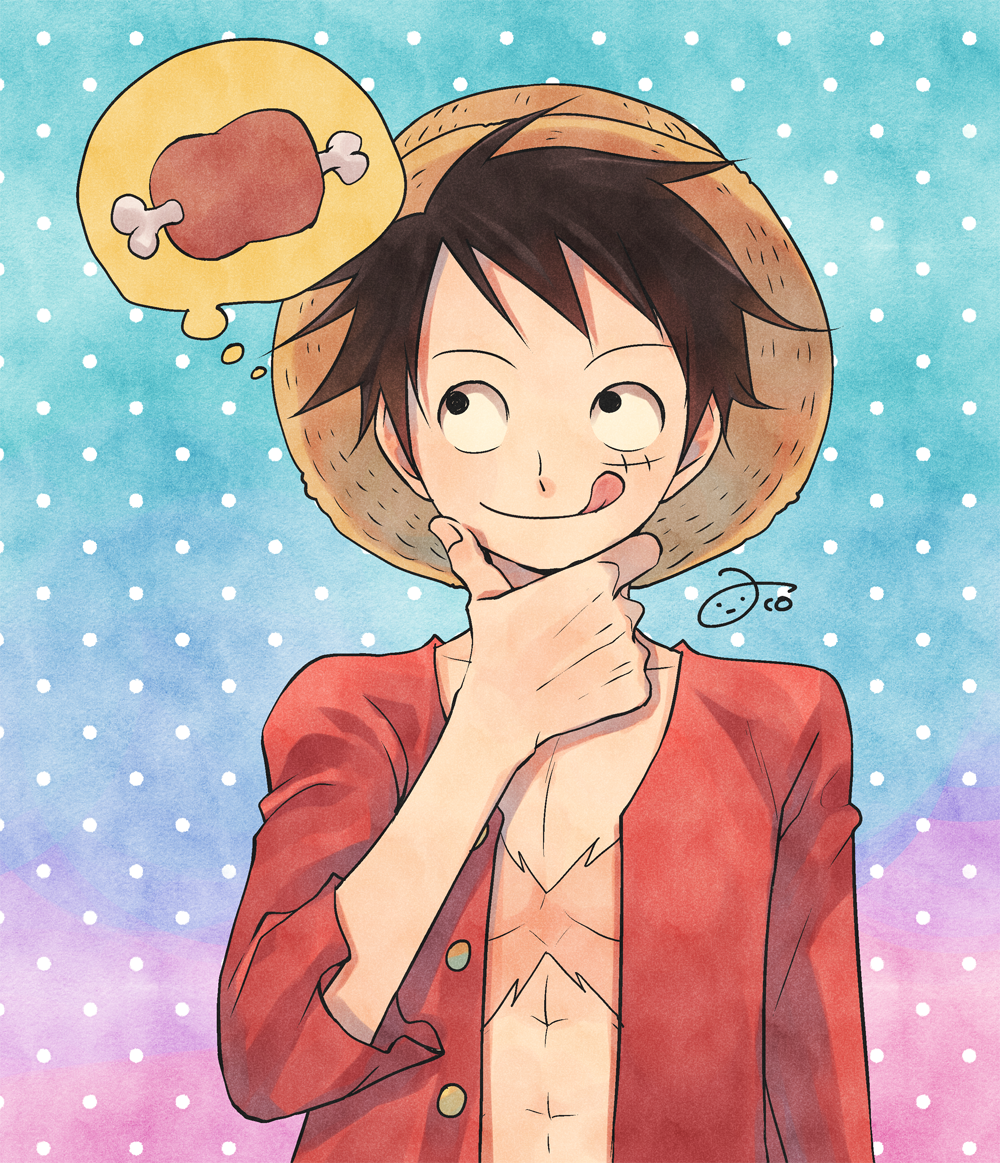 1boy, aco_peda, black_eyes, black_hair, boned_meat, food, gradient_background, hand_on_own_chin