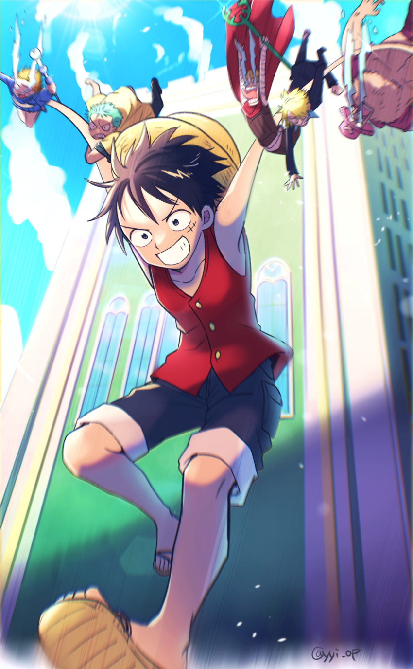 1girl, 5boys, absurdres, arm_grab, ascot, bandaged_arm, bandages, bandana
