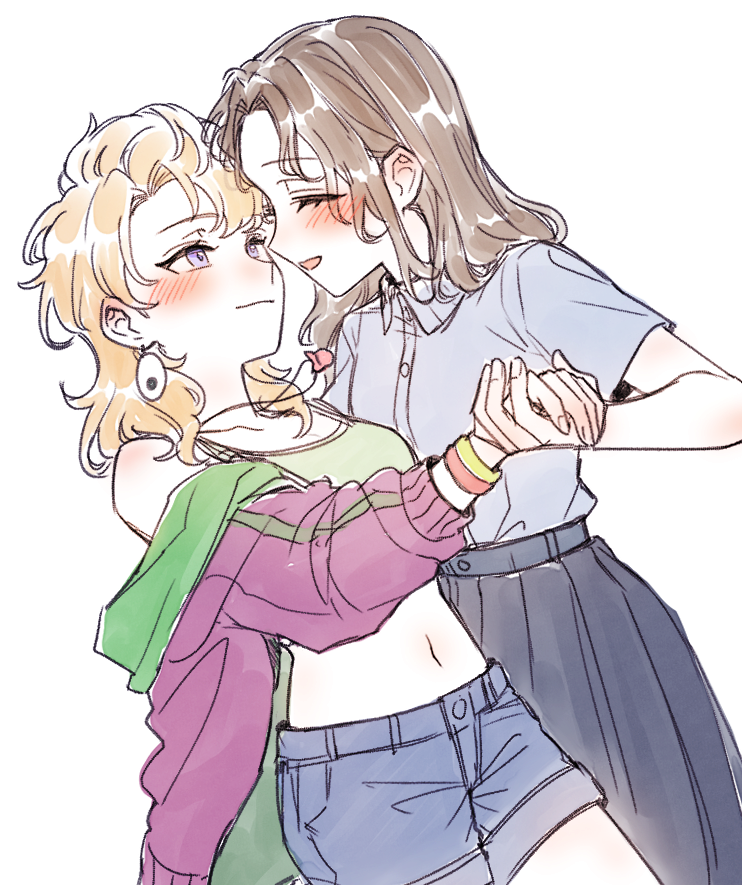 2girls, black_skirt, blonde_hair, blonney, blue_shirt, blush, bracelet, brown_hair
