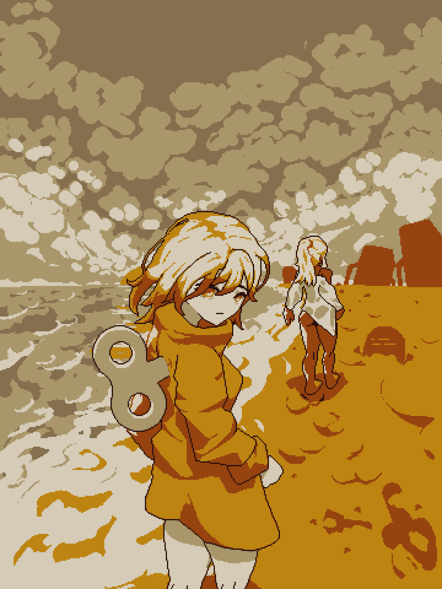 2girls, beach, character_request, closed_mouth, clouds, cloudy_sky, commentary, expressionless, highres, long_hair, long_sleeves, looking_at_viewer, medium_hair, michael_lamore, monochrome, multiple_girls, orange_theme, outdoors, pixel_art, ponytail, refind_self:_the_personality_test_game, shore, sky, standing, water, winding_key