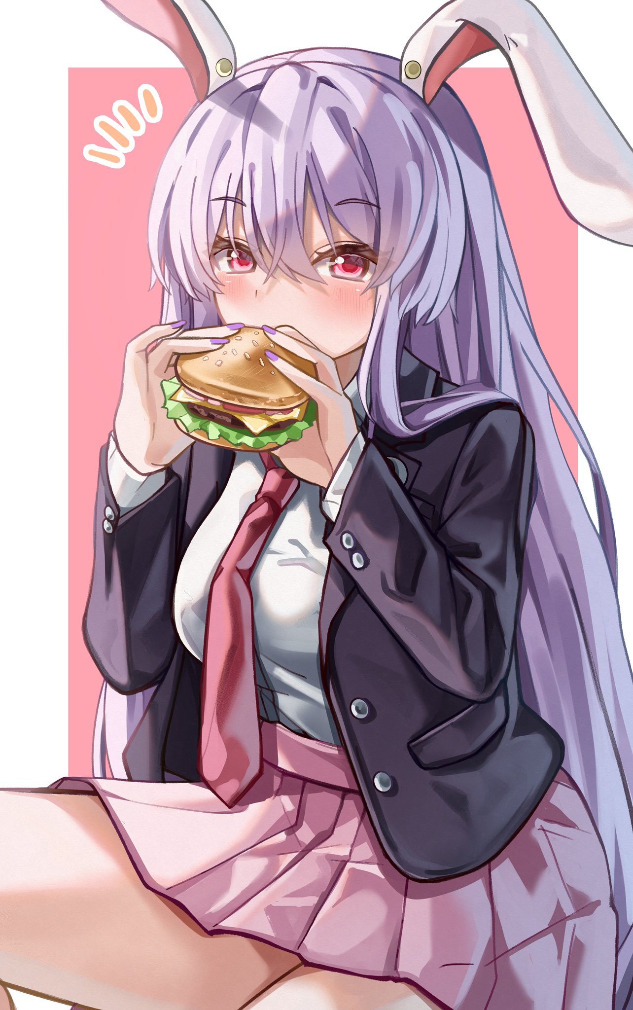 1girl, animal_ears, black_jacket, breasts, burger, eating, food, highres