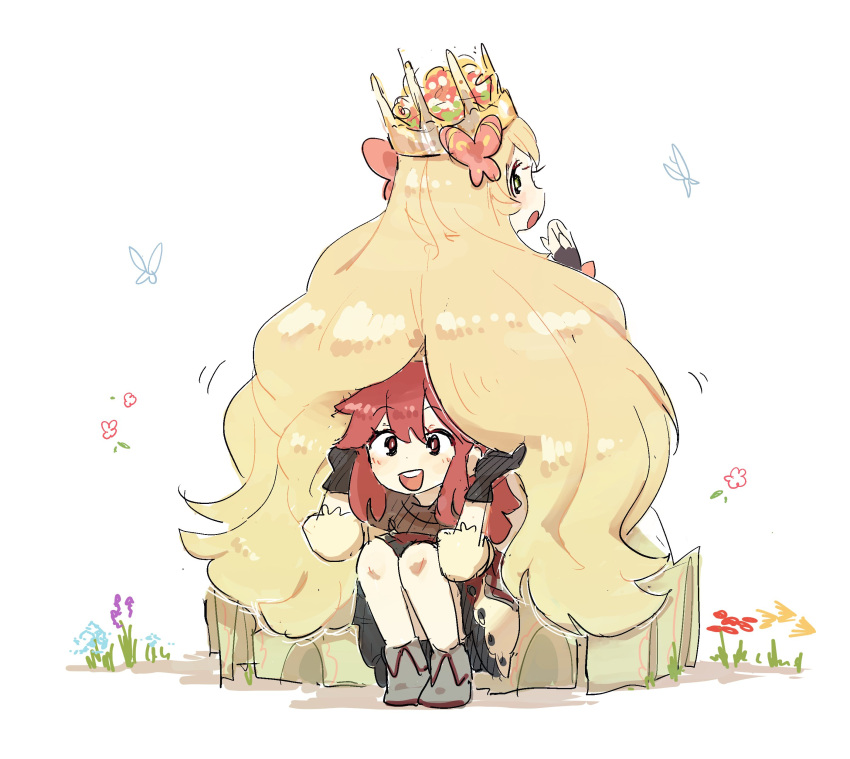 2girls, :d, absurdres, anna_(fire_emblem), black_gloves, blonde_hair, bug, butterfly