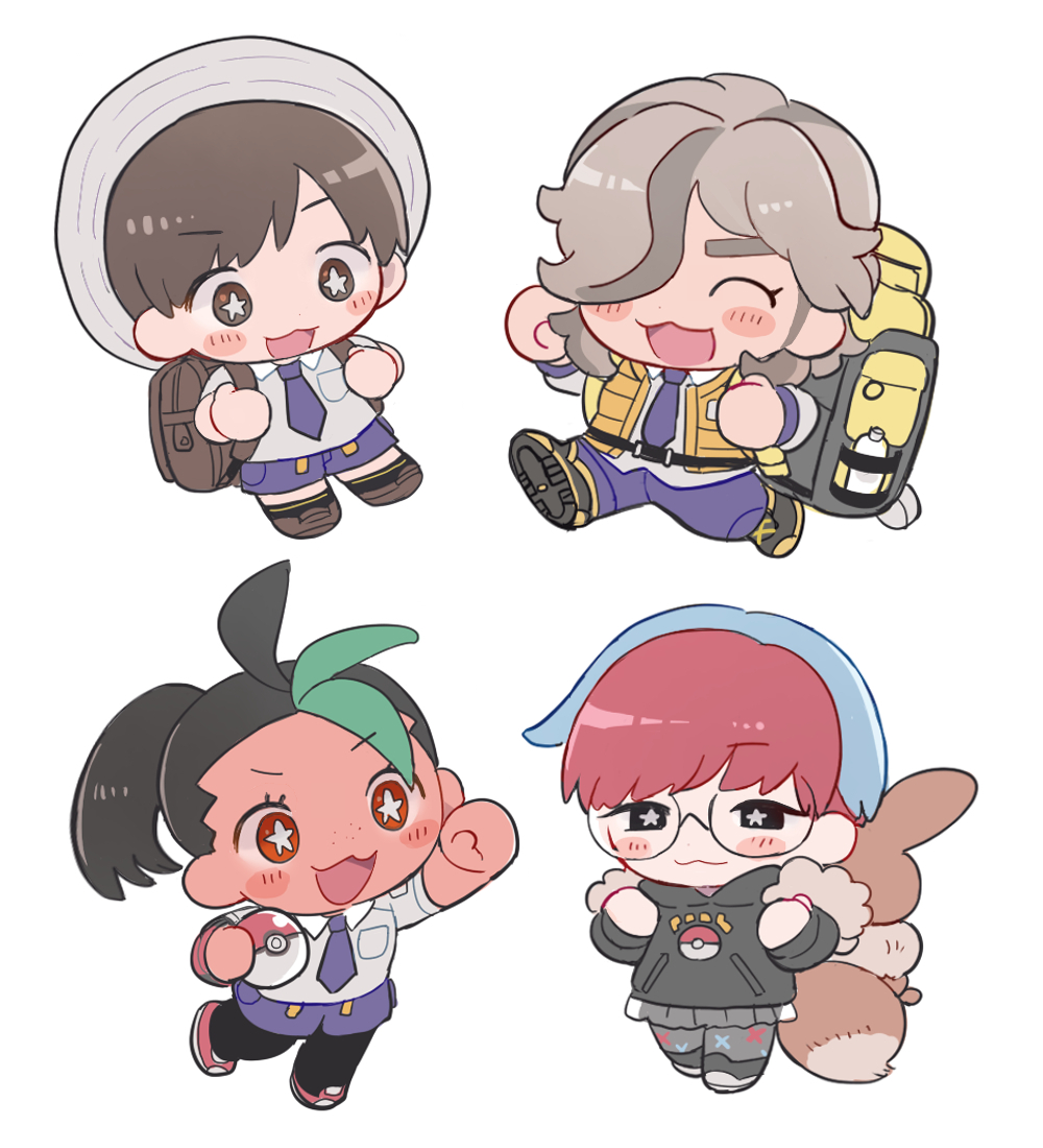 2boys, 2girls, 50yen, :d, ^_^, arven_(pokemon), backpack, bag
