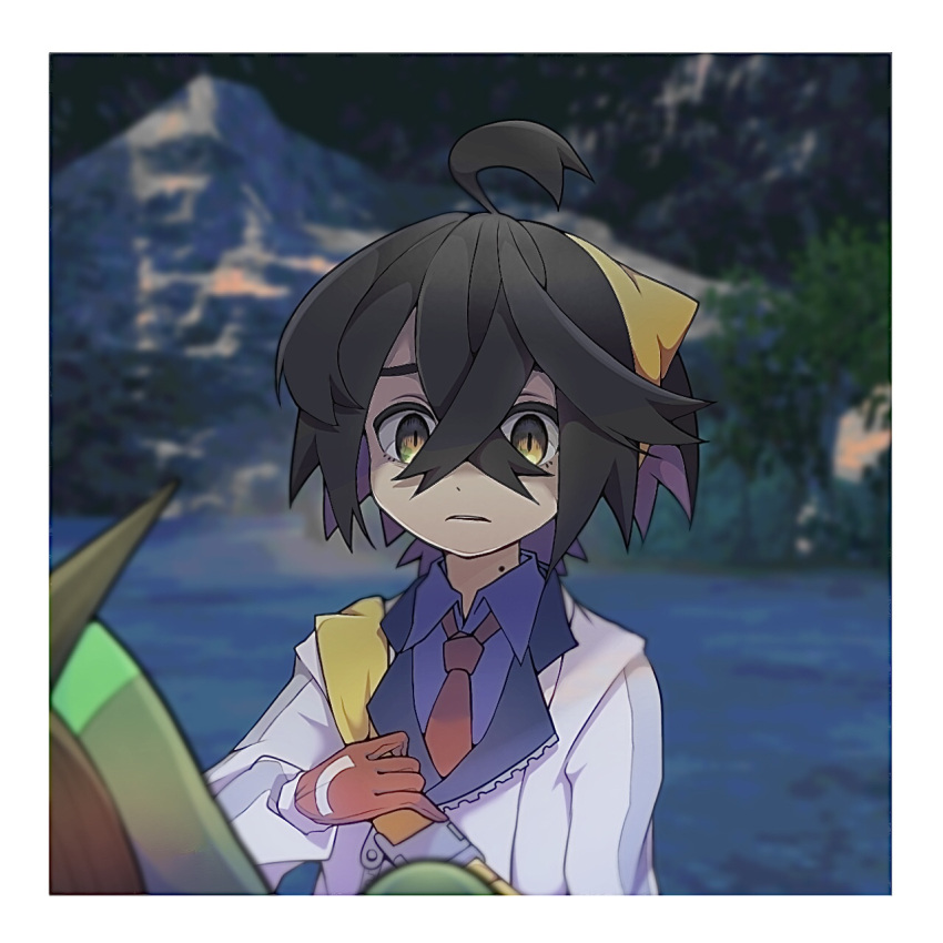 1boy, ahoge, black_hair, blue_shirt, blurry, blurry_background, border, collared_shirt