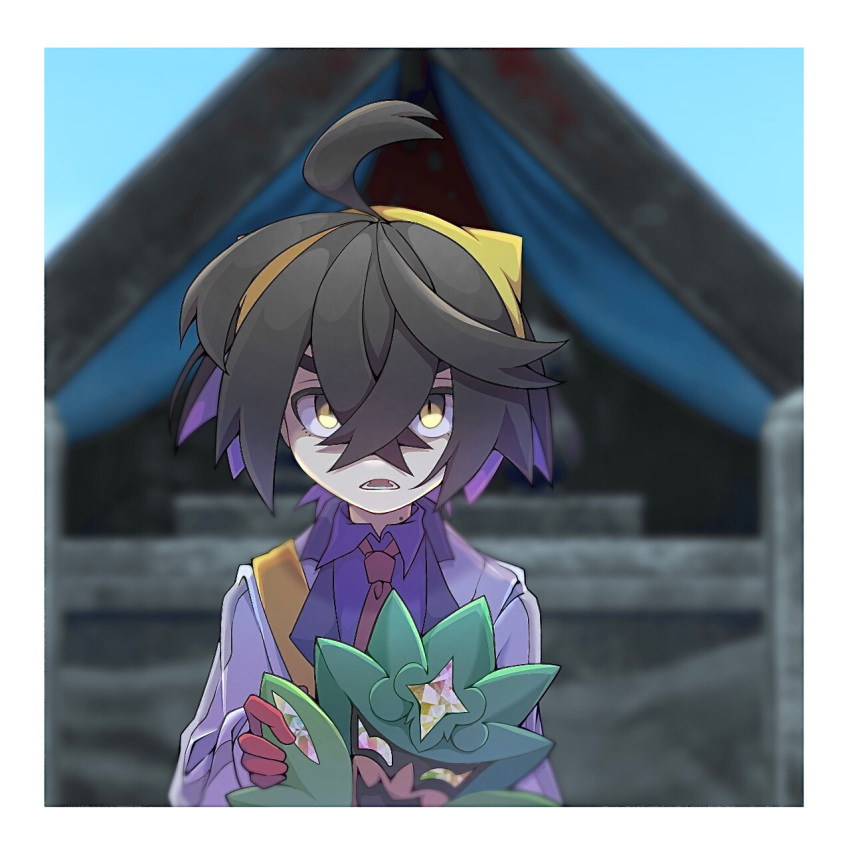 1boy, ahoge, black_hair, border, collared_shirt, colored_inner_hair, commentary_request, crossed_bangs