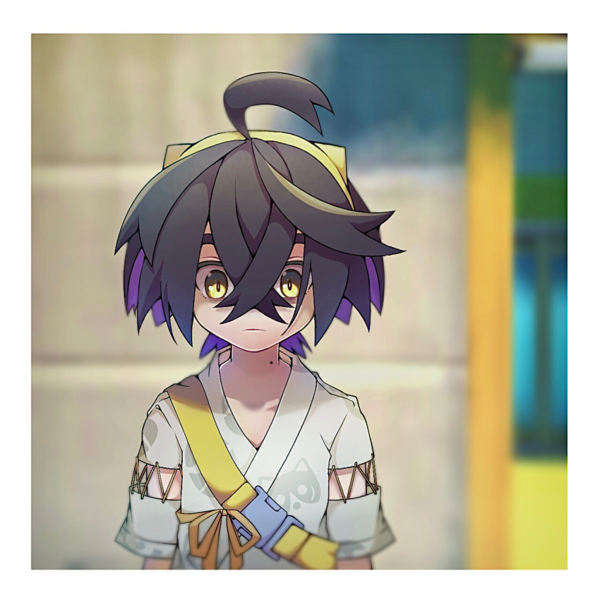 1boy, ahoge, black_hair, blurry, blurry_background, border, buckle, closed_mouth