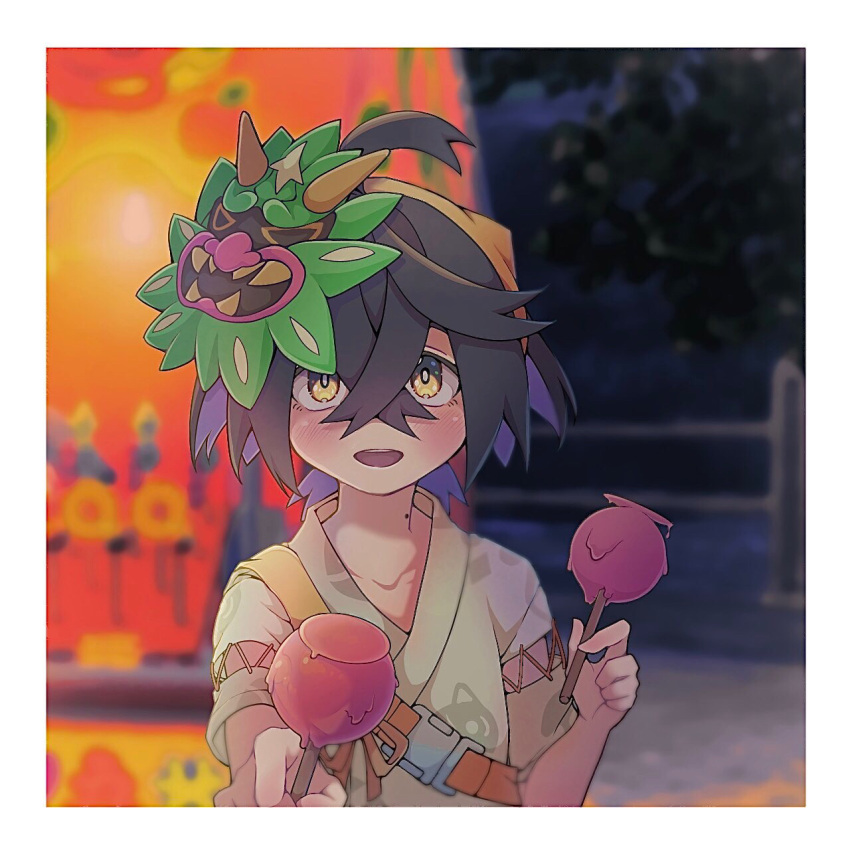 1boy, :d, ahoge, black_hair, blurry, blurry_background, blush, border, bright_pupils, buckle, candy_apple, commentary_request, crossed_bangs, fence, food, hair_between_eyes, hairband, highres, incoming_food, kieran_(pokemon), looking_at_viewer, male_focus, mashi_fish29, mask, mask_on_head, night, open_mouth, outdoors, pokemon, pokemon_sv, shirt, short_hair, short_sleeves, smile, solo, strap, upper_body, white_border, yellow_eyes, yellow_hairband