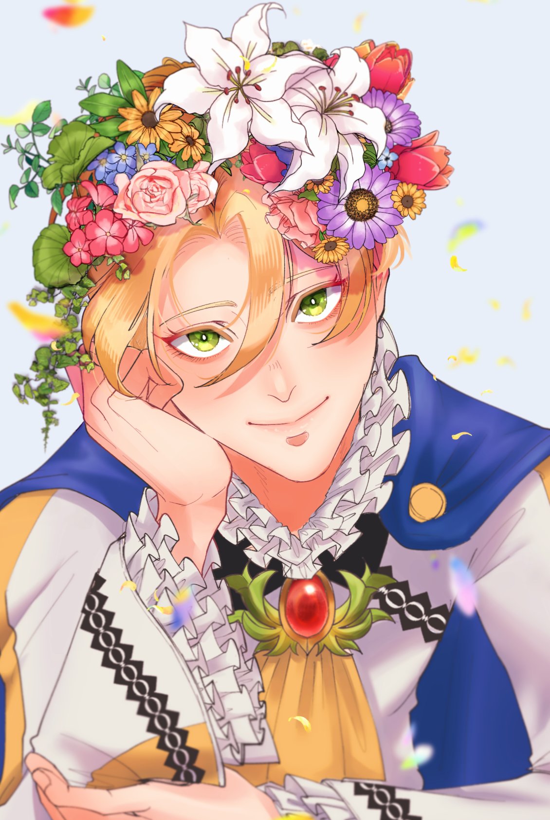 1boy, alfred_(fire_emblem), ascot, blonde_hair, blue_cape, cape, closed_mouth, collar