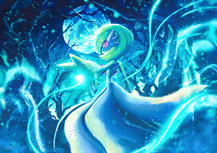 1girl, absurdres, arm_at_side, arm_up, artist_name, aura, bare_tree, blue_sky