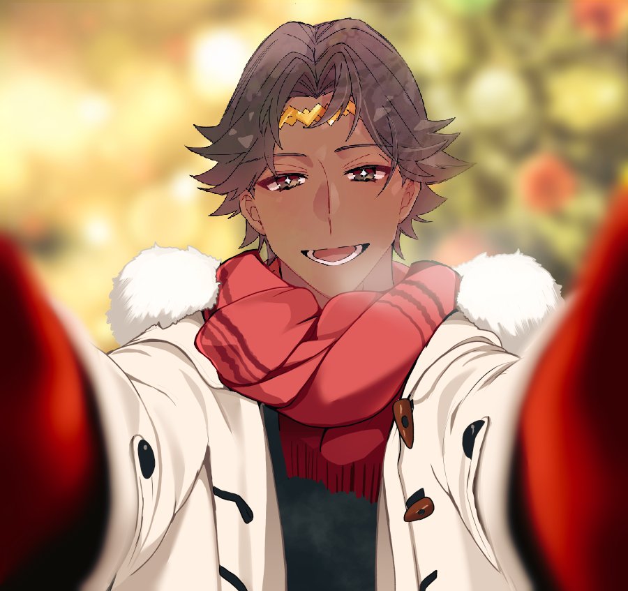 1boy, alternate_costume, brown_eyes, brown_hair, circlet, coat, dark-skinned_male, dark_skin