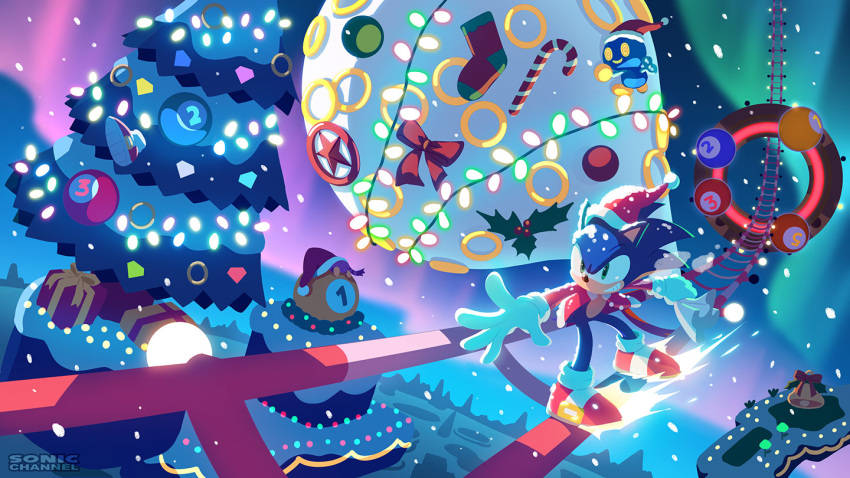 2boys, aurora, ball, bell, big_the_cat, billiard_ball, box, candy, candy_cane, cat_tail, chaos_emerald, christmas, christmas_lights, christmas_tree, commentary_request, food, furry, furry_male, gift, gift_box, gloves, green_eyes, hat, holding, holding_sack, jingle_bell, male_focus, multiple_boys, official_art, omochao, pine_tree, red_star_ring, sack, santa_hat, sliding, smirk, snowing, sonic_(series), sonic_lost_world, sonic_the_hedgehog, tail, tree, uno_yuuji, white_gloves, winding_key
