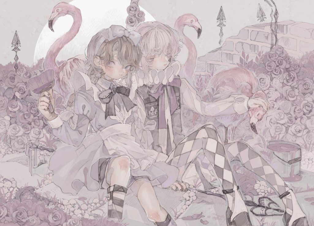 1boy, 1girl, apron, argyle_pantyhose, belt, bird, black_belt, black_bow