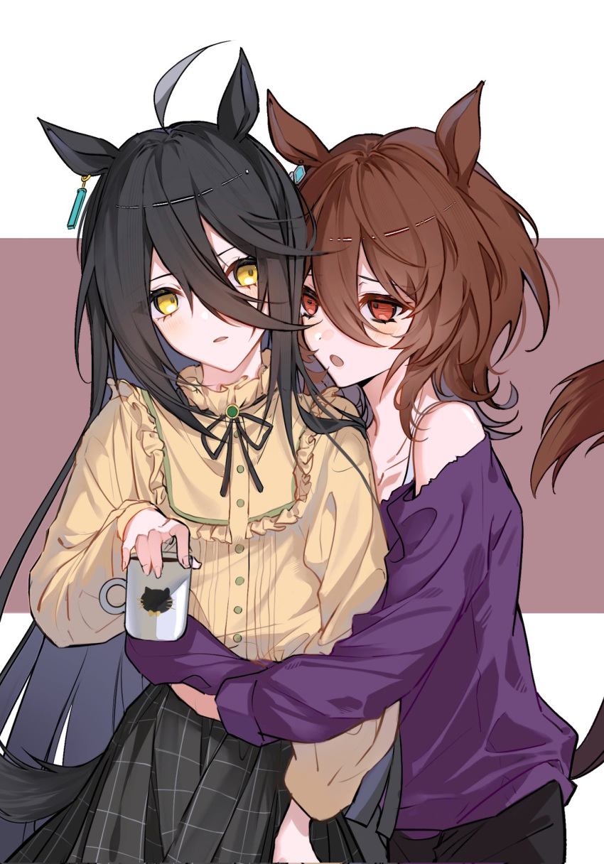 2girls, agnes_tachyon_(umamusume), ahoge, animal_ears, bare_shoulders, black_hair, black_pants, black_skirt