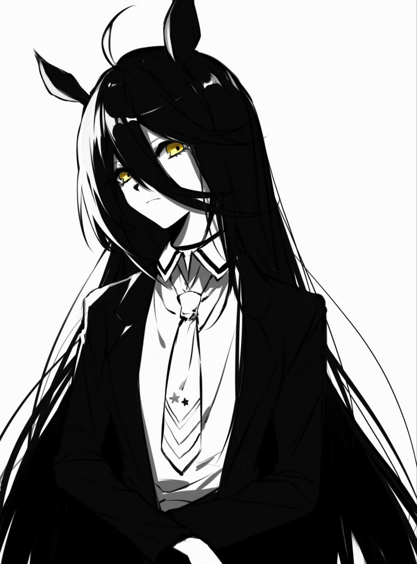 1girl, ahoge, animal_ears, choker, closed_mouth, collared_shirt, crossed_arms, frown