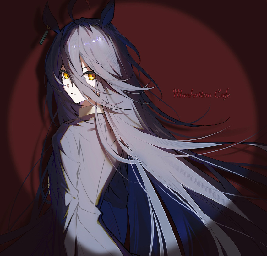 1girl, ahoge, animal_ears, black_coat, black_hair, character_name, closed_mouth, coat