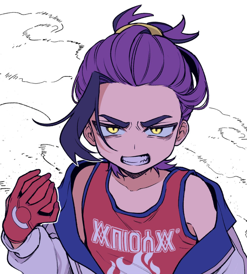 1boy, angry, black_hair, clenched_teeth, furrowed_brow, gloves, hand_up, highres