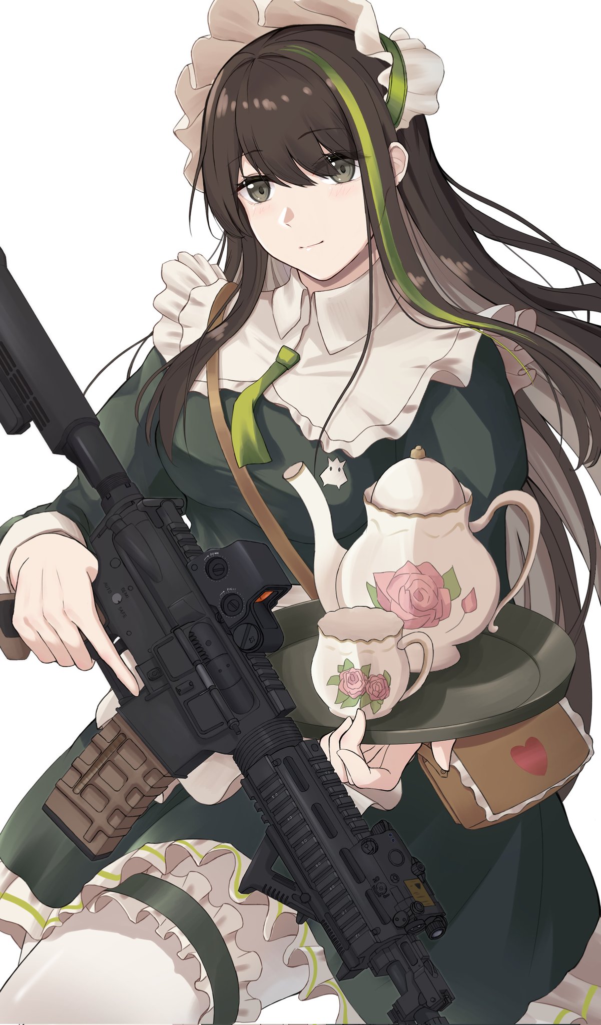 1girl, apron, assault_rifle, breasts, brown_hair, citrus7763, cup, girls_frontline