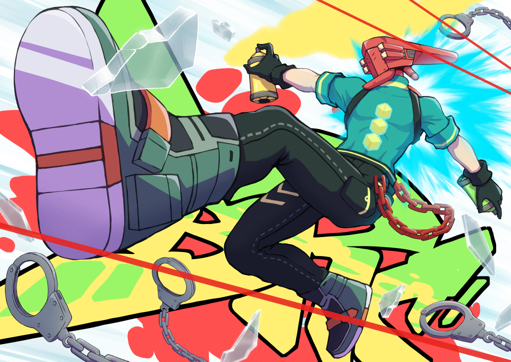 1boy, black_gloves, black_pants, blue_fire, bomb_rush_cyberfunk, bottle, chain, cuffs, cyberhead, cyborg, fire, glass, gloves, green_shirt, handcuffs, inumaru75707951, jetpack, laser, male_focus, mask, pants, print_shirt, red_(bomb_rush_cyberfunk), shirt, short_sleeves, spray_bottle, spray_can, spray_paint