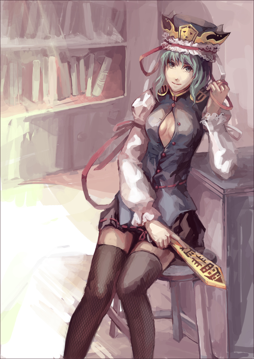 adult, black_legwear, black_thighhighs, cocoons, hat, highres, no_bra, open_clothes, open_shirt, rod_of_remorse, shikieiki_yamaxanadu, shirt, sitting, solo, thigh-highs, thighhighs, touhou, zettai_ryouiki