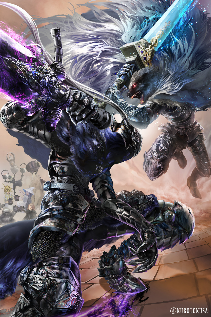 absurdres, alcohol, animal_nose, armor, artorias_the_abysswalker, battle, beer, beer_mug, blaidd_the_half-wolf, body_fur, breastplate, cape, character_request, cloak, crossover, cup, dark_souls_(series), dark_souls_i, dress, elden_ring, fighting_stance, fisheye, from_software, full_armor, fur_cape, furry, furry_male, gauntlets, glowing, glowing_weapon, great_grey_wolf_sif, greatsword, hat, helm, helmet, highres, holding, holding_sword, holding_weapon, hood, hood_down, hooded_cloak, huge_weapon, in-franchise_crossover, kurotokusa, laughing, long_hair, melina_(elden_ring), mug, party, plate_armor, ranni_the_witch, shoulder_armor, siegmeyer_of_catarina, sitting, snout, solaire_of_astora, standing, sword, very_long_hair, weapon, wolf_boy, wooden_cup