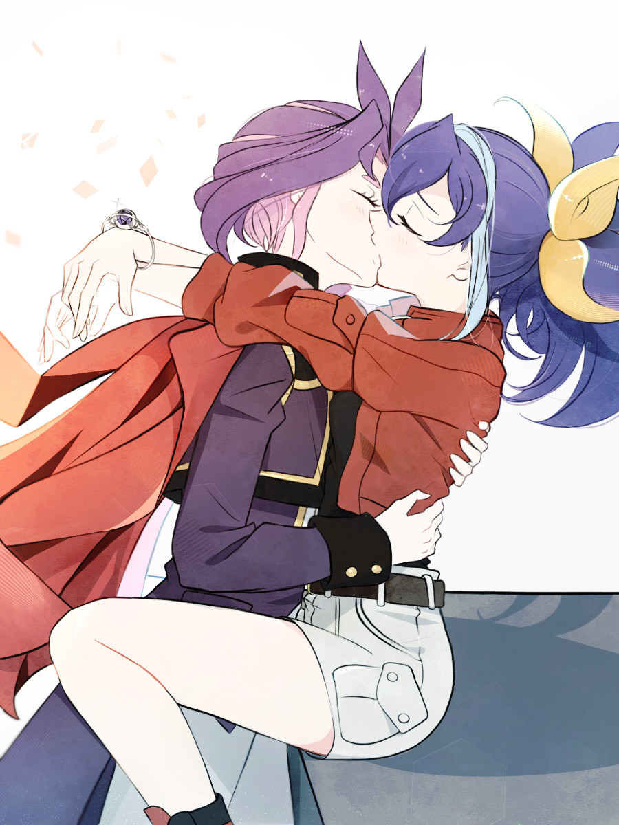 1boy, 1girl, belt, blue_hair, bracelet, cape, closed_eyes, hair_ribbon