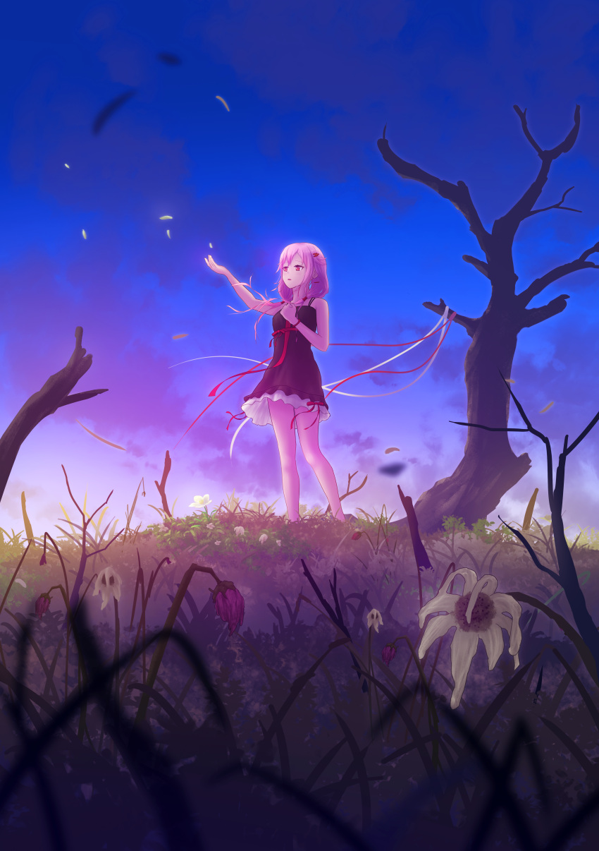 1girl, absurdres, bare_arms, bare_legs, bare_shoulders, bare_tree, black_dress, dead_plants