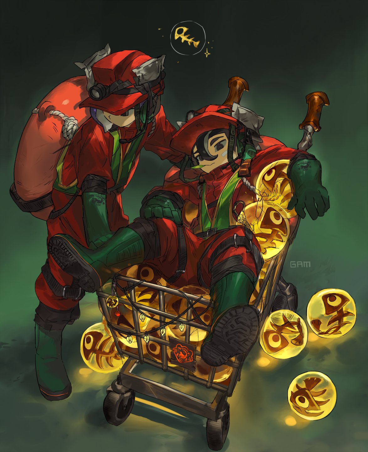 2boys, black_eyes, black_hair, boots, gam_(99jellys), gloves, golden_egg, green_footwear