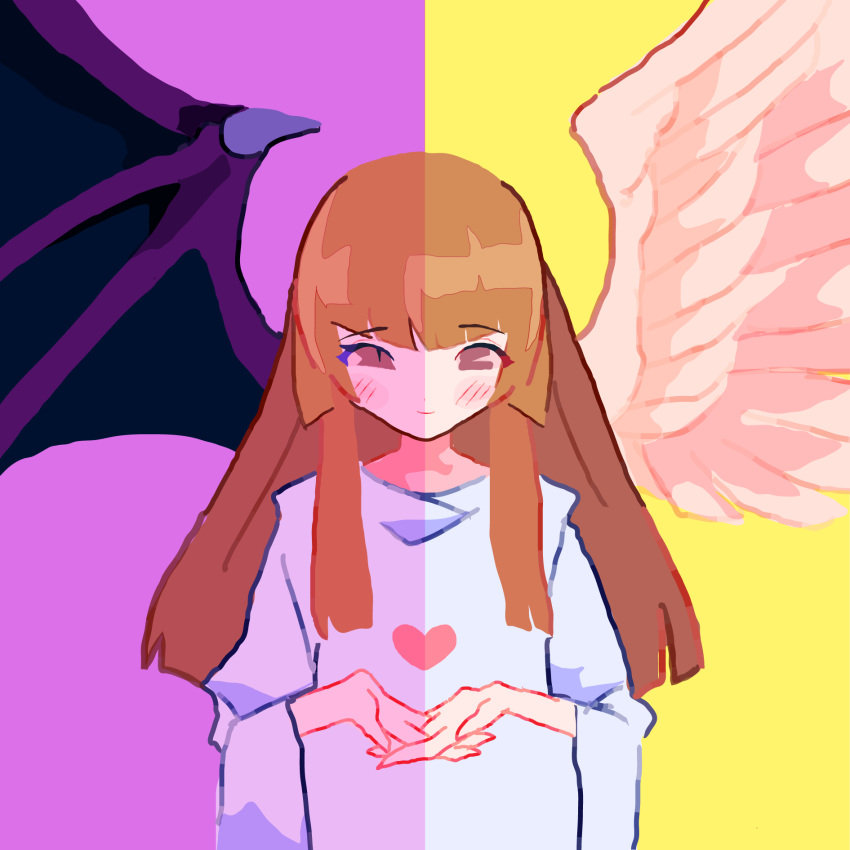 1girl, angel_and_devil, angel_wings, blunt_bangs, blunt_ends, brown_eyes, brown_hair, change_of_heart
