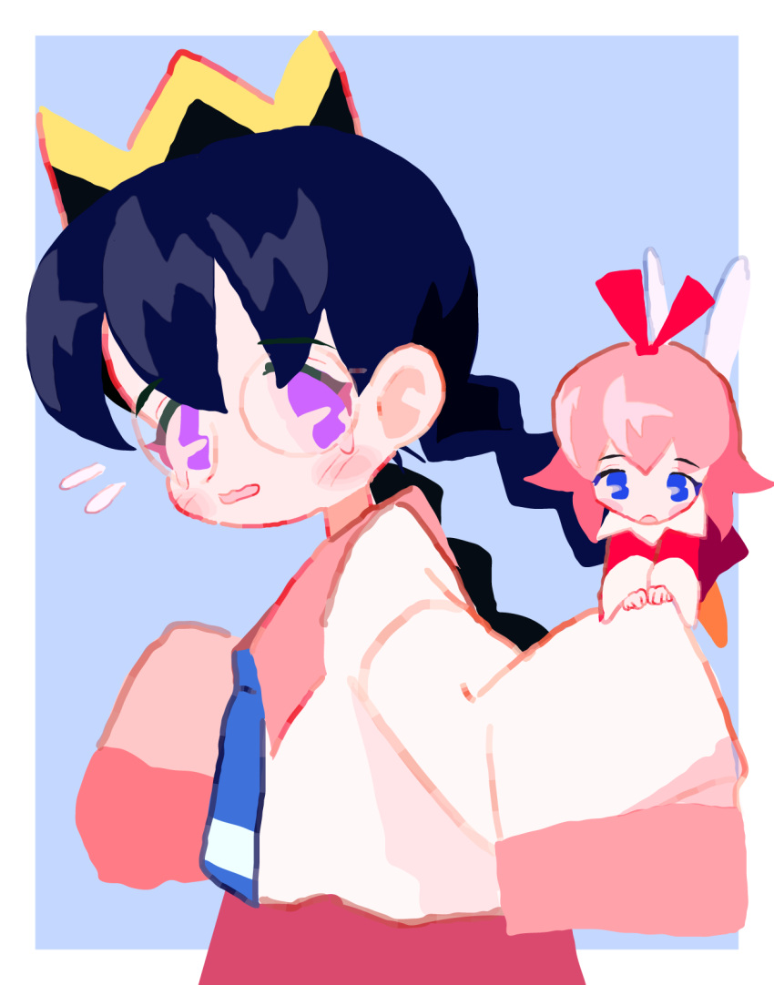 2girls, black_hair, blue_background, blue_eyes, blue_neckerchief, blush, border, braid