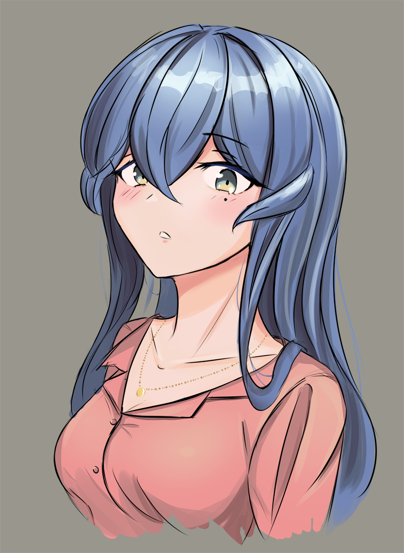 1girl, blue_hair, blush, breasts, buttons, collarbone, collared_shirt, commentary