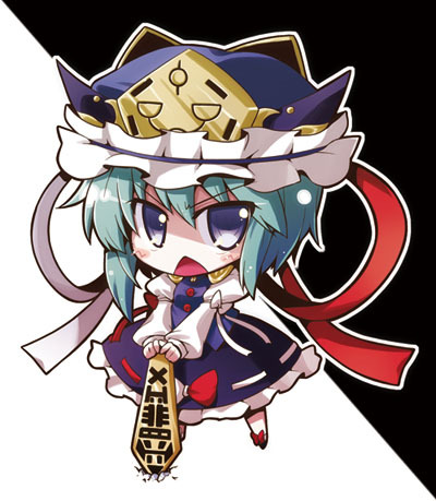 1girl, akaneya, bad_id, chibi, hat, lowres, rod_of_remorse, shikieiki_yamaxanadu