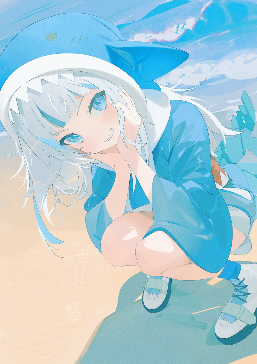 1girl, animal_hood, beach, blue_eyes, blue_hair, blue_hoodie, blue_nails, blue_socks