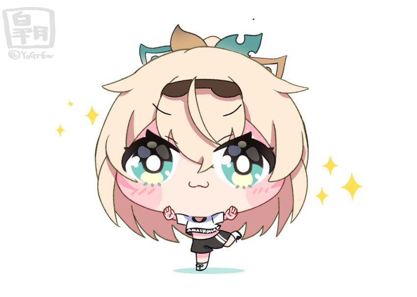 1girl, :3, absurdres, black_shorts, blonde_hair, blue_eyes, character_name, chibi