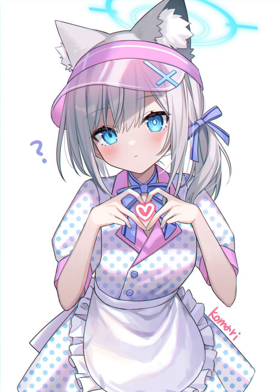 1girl, ?, alternate_costume, animal_ear_fluff, animal_ears, apron, artist_name, blue_archive