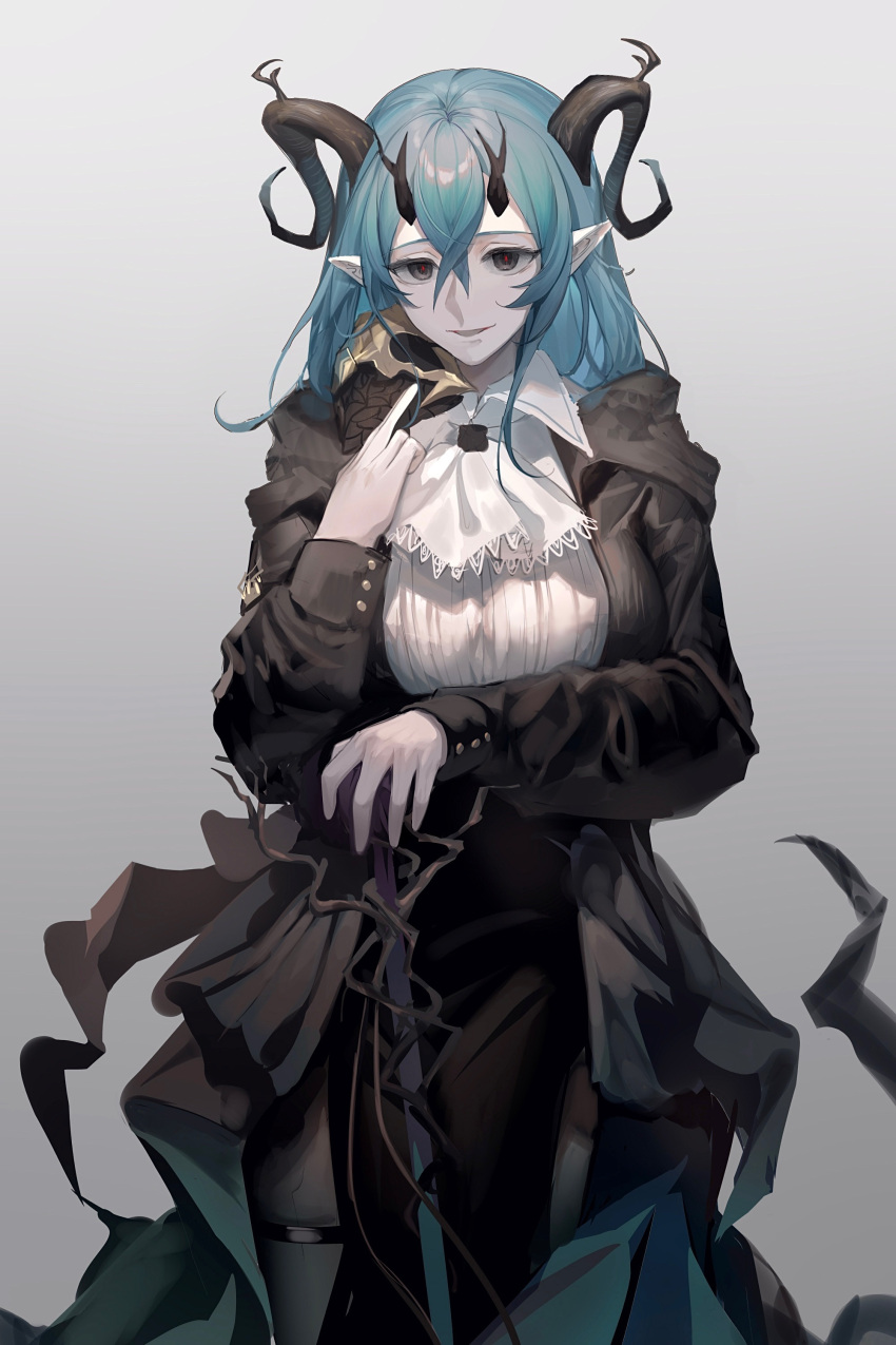 absurdres, arknights, ascot, black_coat, black_pantyhose, blue_hair, breasts, cane
