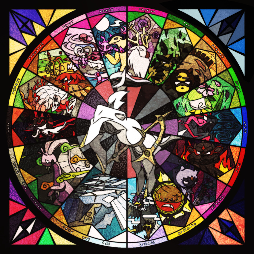 animal_focus, arceus, arrow_(projectile), basculegion, bird, black_border, blank_eyes, border, closed_mouth, colored_sclera, colored_skin, commentary_request, egasumi, enamorus, enamorus_(therian), english_text, everyone, fangs, fangs_out, fire, fish, flower, free_butterfree, full_body, full_moon, furry, gem, green_hair, green_sclera, hair_flower, hair_ornament, highres, hisuian_arcanine, hisuian_avalugg, hisuian_braviary, hisuian_decidueye, hisuian_electrode, hisuian_goodra, hisuian_lilligant, hisuian_samurott, hisuian_typhlosion, hisuian_zoroark, ice, kleavor, monster_girl, moon, no_humans, open_mouth, petals, pink_flower, plant_girl, pokemon, pokemon_(creature), pokemon_legends:_arceus, purple_fire, purple_fur, red_eyes, red_fur, smoke, sneasler, stained_glass, two-tone_fur, unownglyphics, ursaluna, white_eyes, white_fur, white_skin, wyrdeer