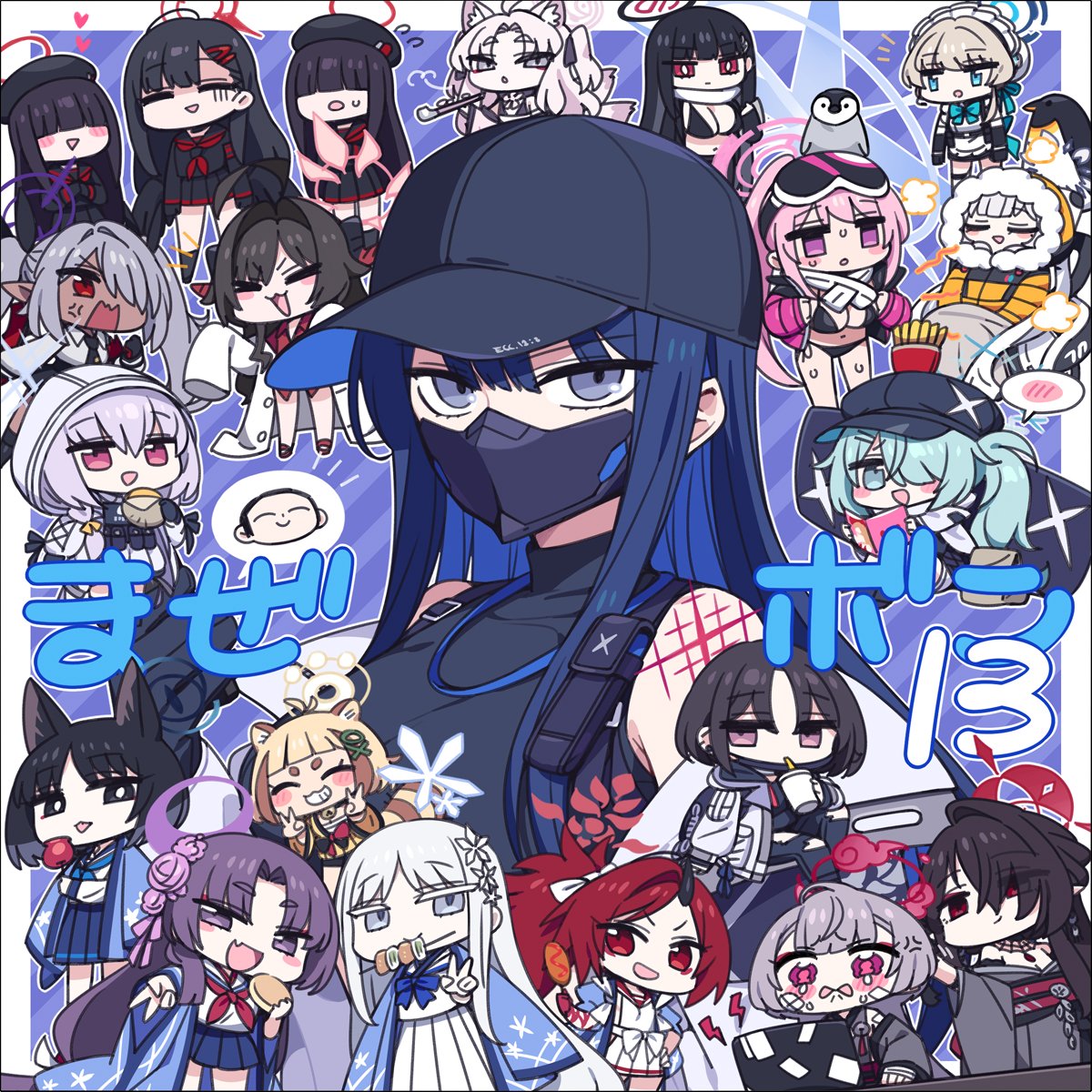 1boy, 6+girls, :d, ahoge, anger_vein, animal_ears, animal_on_head, antenna_hair, apron, arata_(blue_archive), arona's_sensei_doodle_(blue_archive), atsuko_(blue_archive), bandage_on_face, bandages, bare_shoulders, baseball_cap, beret, bikini, bird, black_bikini, black_eyes, black_hair, black_headwear, black_serafuku, black_skirt, black_wings, blonde_hair, blue_archive, blue_bow, blue_bowtie, blue_eyes, blue_hair, blue_skirt, blush_stickers, bow, bowtie, bright_pupils, brown_hair, candy_apple, cat_ears, cat_girl, cat_tail, chan_co, chibi, closed_eyes, coat, colored_inner_hair, corn_dog, crying, double_v, drink, drinking, eimi_(blue_archive), eimi_(swimsuit)_(blue_archive), eyeliner, fang, flower, food, food_in_mouth, fox_ears, fox_girl, fox_tail, goggles, goggles_on_head, green_eyes, green_hair, grey_eyes, grey_hair, grey_kimono, grin, hair_bow, hair_bun, hair_flower, hair_ornament, hair_over_eyes, hair_over_one_eye, hairclip, halo, hand_on_own_hip, hat, heart, highres, himari_(blue_archive), hiyori_(blue_archive), holding, holding_drink, holding_food, holding_smoking_pipe, holding_tablet_pc, horns, ichika_(blue_archive), iori_(blue_archive), jacket, japanese_clothes, justice_task_force_member_(blue_archive), kasumi_(blue_archive), kikyou_(blue_archive), kimono, kokuriko_(blue_archive), kuzunoha_(blue_archive), long_hair, low_wings, magazine_(object), maid, maid_apron, maid_headdress, makeup, mask, mask_around_neck, misaki_(blue_archive), mouth_mask, multicolored_hair, multiple_girls, multiple_tails, nagusa_(blue_archive), neckerchief, off_shoulder, on_head, oni_horns, orange_coat, penguin, pink_hair, pink_jacket, pleated_skirt, pointy_ears, ponytail, purple_hair, raccoon_ears, raccoon_girl, raccoon_tail, reading, red_eyeliner, red_eyes, red_neckerchief, redhead, renge_(blue_archive), rio_(blue_archive), saori_(blue_archive), scarf, school_uniform, sensei_(blue_archive), serafuku, short_hair, shuro_(blue_archive), side_ponytail, single_hair_bun, skewer, ski_goggles, skin_fang, skirt, smile, smoking_pipe, snowflake_hair_ornament, spoken_blush, sweat, sweatdrop, swimsuit, tablet_pc, tail, tearing_up, toki_(blue_archive), two-tone_hair, v, violet_eyes, weapon_case, wheelchair, white_bow, white_hair, white_jacket, white_pupils, white_scarf, white_serafuku, white_skirt, wide_sleeves, wings, winter_clothes, winter_coat, yukari_(blue_archive)