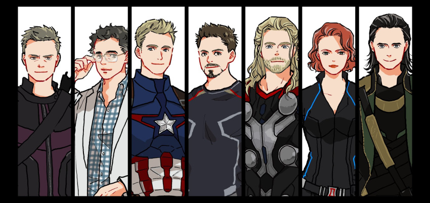1girl, 6+boys, armor, arrow_(projectile), avengers_(series), beard, belt, black_belt
